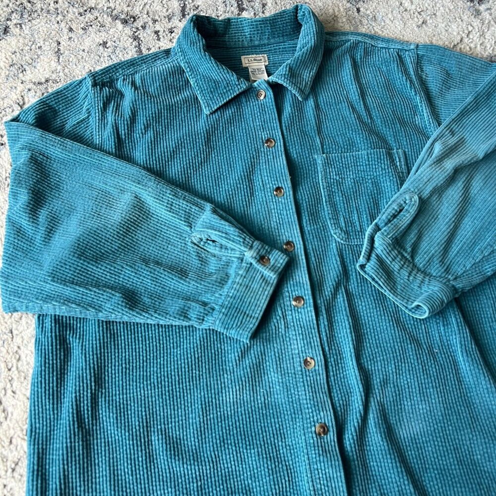 LL Bean Wide Wale Corduroy Shirt Mens 2XL Teal Blue Button Up Overshirt Cotton